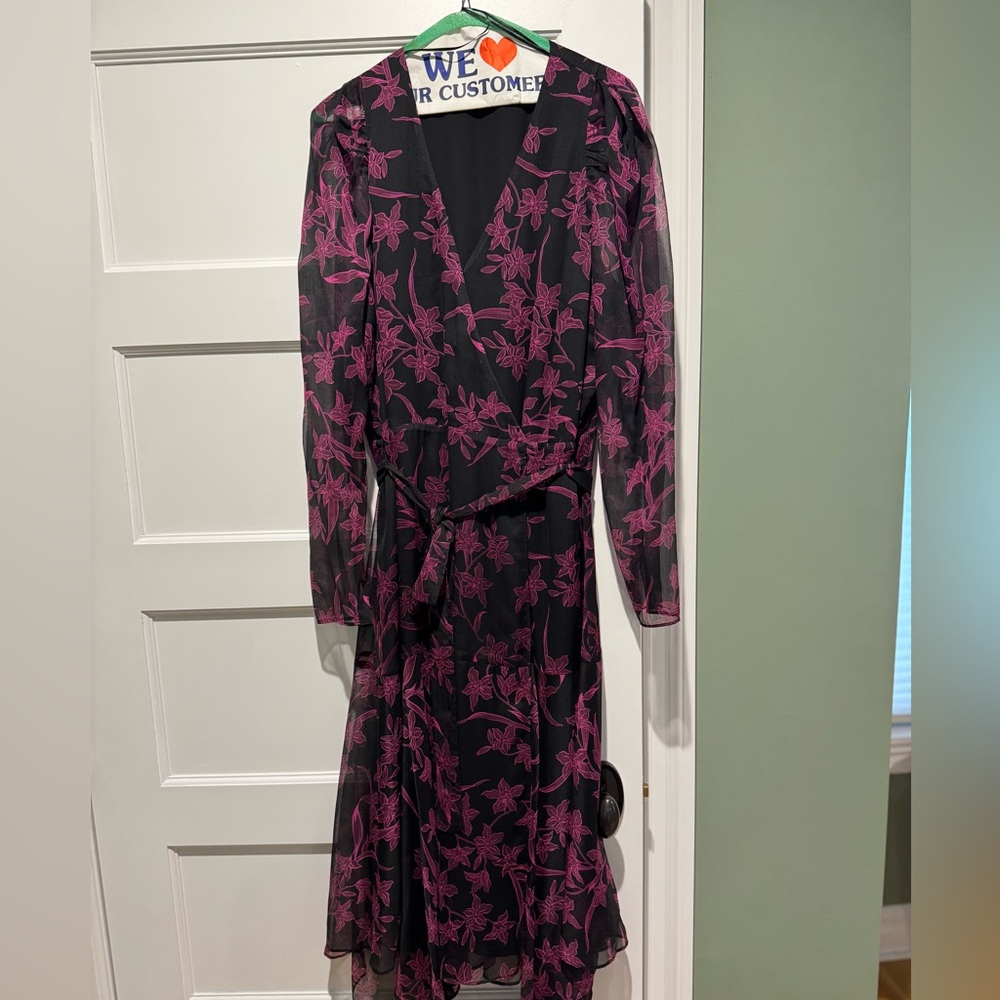 Black & Pink Floral Wrap Dress